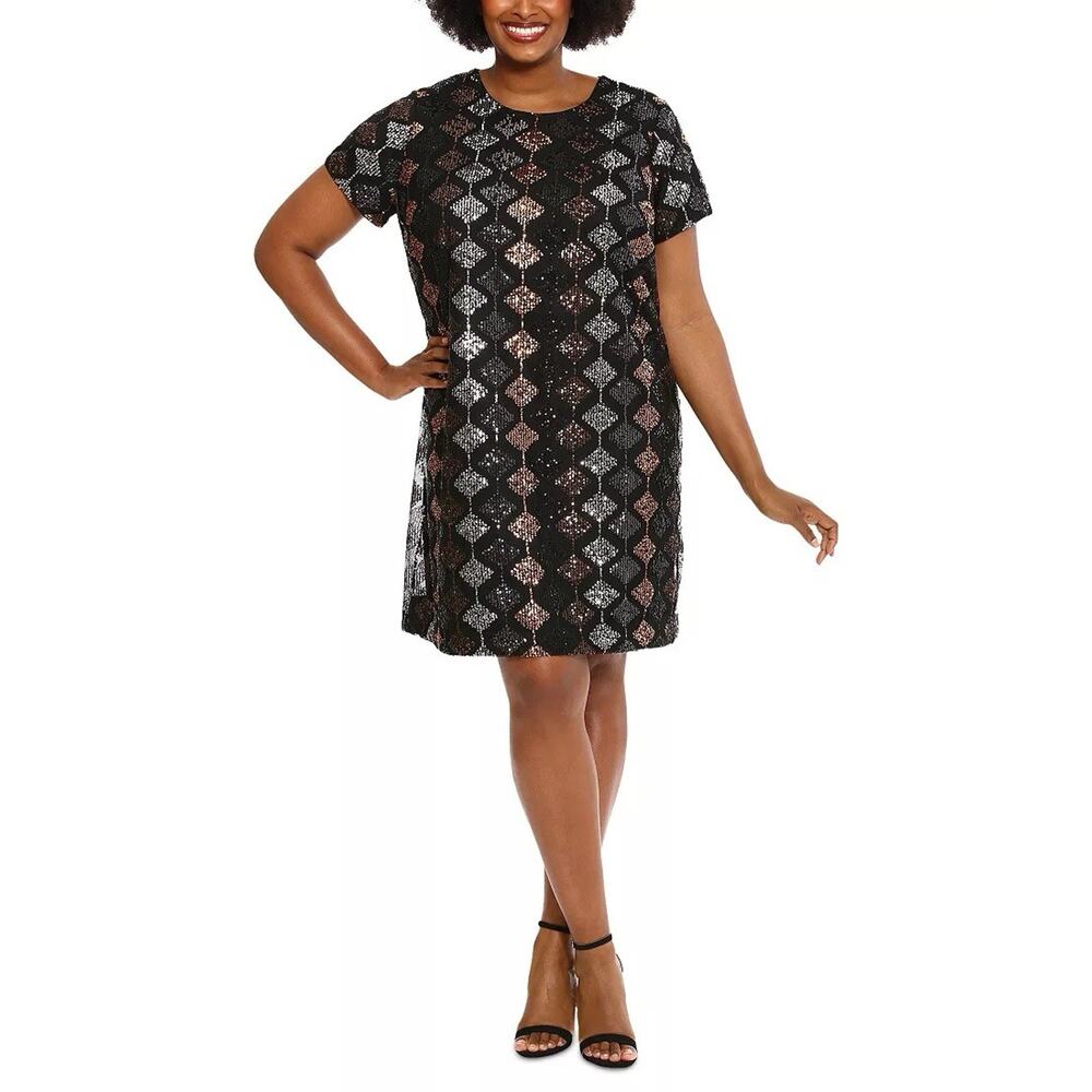London Times Short Sleeve A Line Sequin Dress Women 14 Black Gold Silver Party